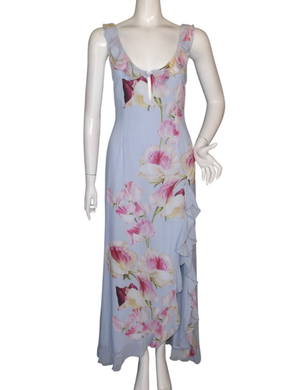 new RUNAWAY The Label Maxi Dress, M, Blue/Pink Floral, Ruffle, HIGH vent